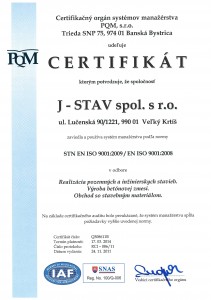 Certifikát STN EN ISO 9001:2009