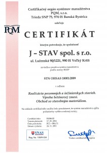 Certifikát STN OHSAS 18001:2009